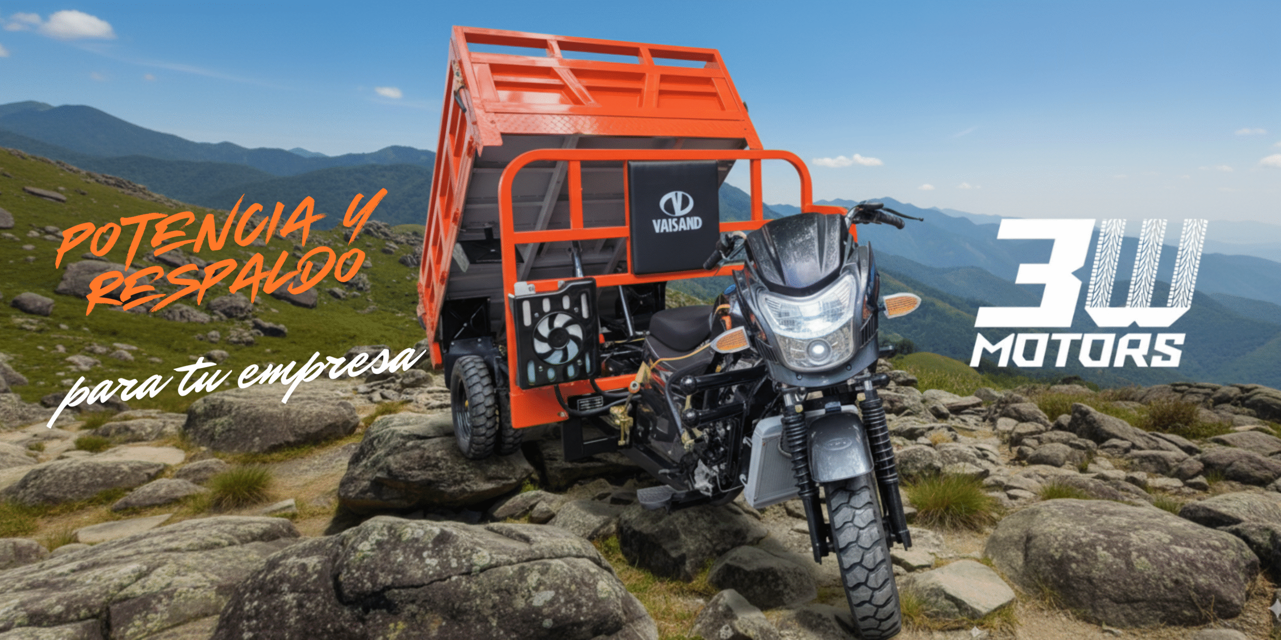 Banner promocional del motocarro Vaisand 300 en Medellín – 3W Motors